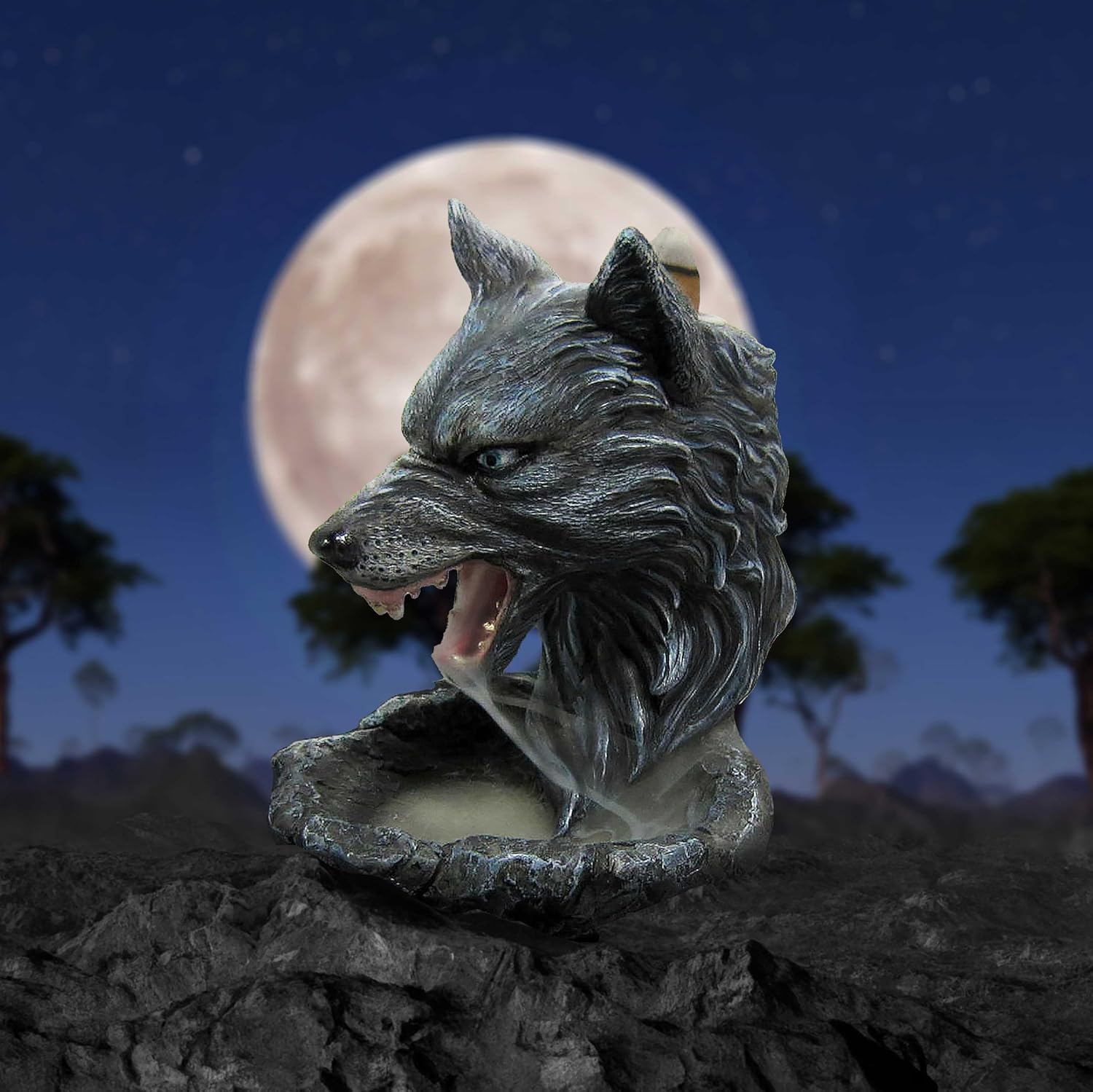 Dark Wolf Head Backflow Incense Burner 11.5Cm