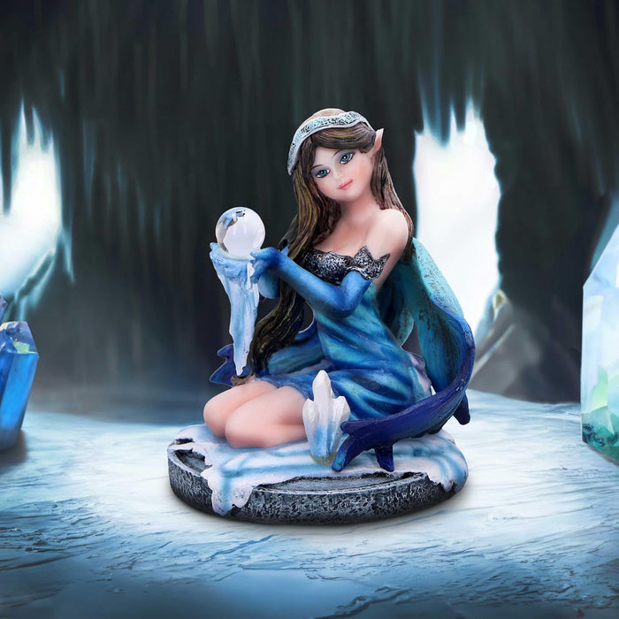 Nemesis Now Crystal Fairy Azura Figurine 8.5cm, Resin, Blue Crystal Fairy Figurine, Blue Winter Theme Kneeling Fairy Holding Glass Ball, Fantasy Gift, Cast in the Finest Resin, Expertly Hand-Painted
