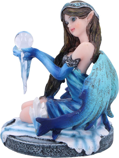 Nemesis Now Crystal Fairy Azura Figurine 8.5cm, Resin, Blue Crystal Fairy Figurine, Blue Winter Theme Kneeling Fairy Holding Glass Ball, Fantasy Gift, Cast in the Finest Resin, Expertly Hand-Painted