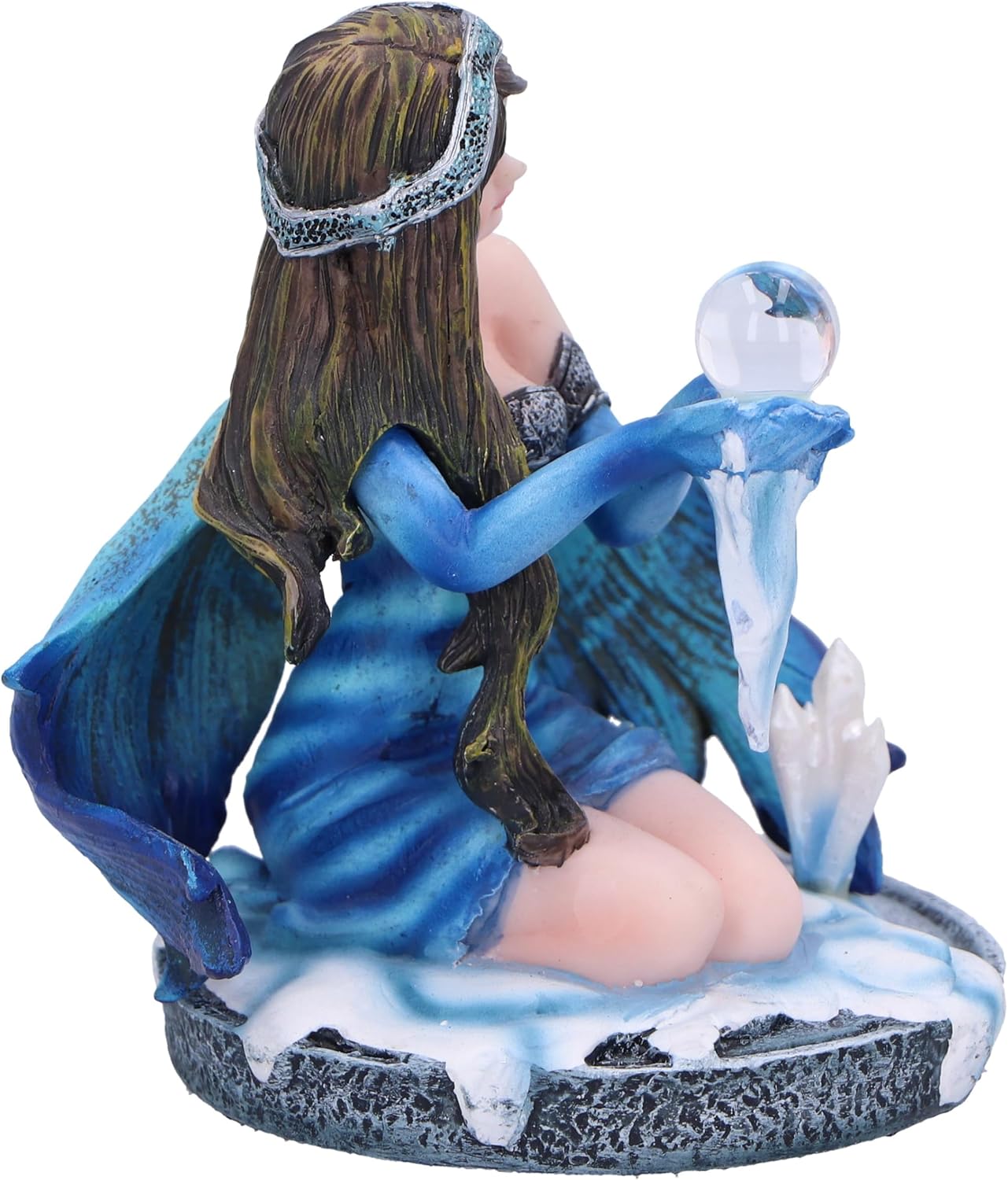 Nemesis Now Crystal Fairy Azura Figurine 8.5cm, Resin, Blue Crystal Fairy Figurine, Blue Winter Theme Kneeling Fairy Holding Glass Ball, Fantasy Gift, Cast in the Finest Resin, Expertly Hand-Painted