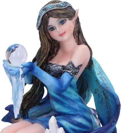 Nemesis Now Crystal Fairy Azura Figurine 8.5cm, Resin, Blue Crystal Fairy Figurine, Blue Winter Theme Kneeling Fairy Holding Glass Ball, Fantasy Gift, Cast in the Finest Resin, Expertly Hand-Painted