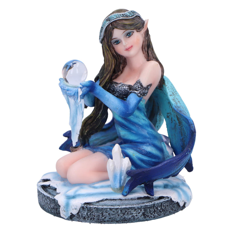 Nemesis Now Crystal Fairy Azura Figurine 8.5cm, Resin, Blue Crystal Fairy Figurine, Blue Winter Theme Kneeling Fairy Holding Glass Ball, Fantasy Gift, Cast in the Finest Resin, Expertly Hand-Painted
