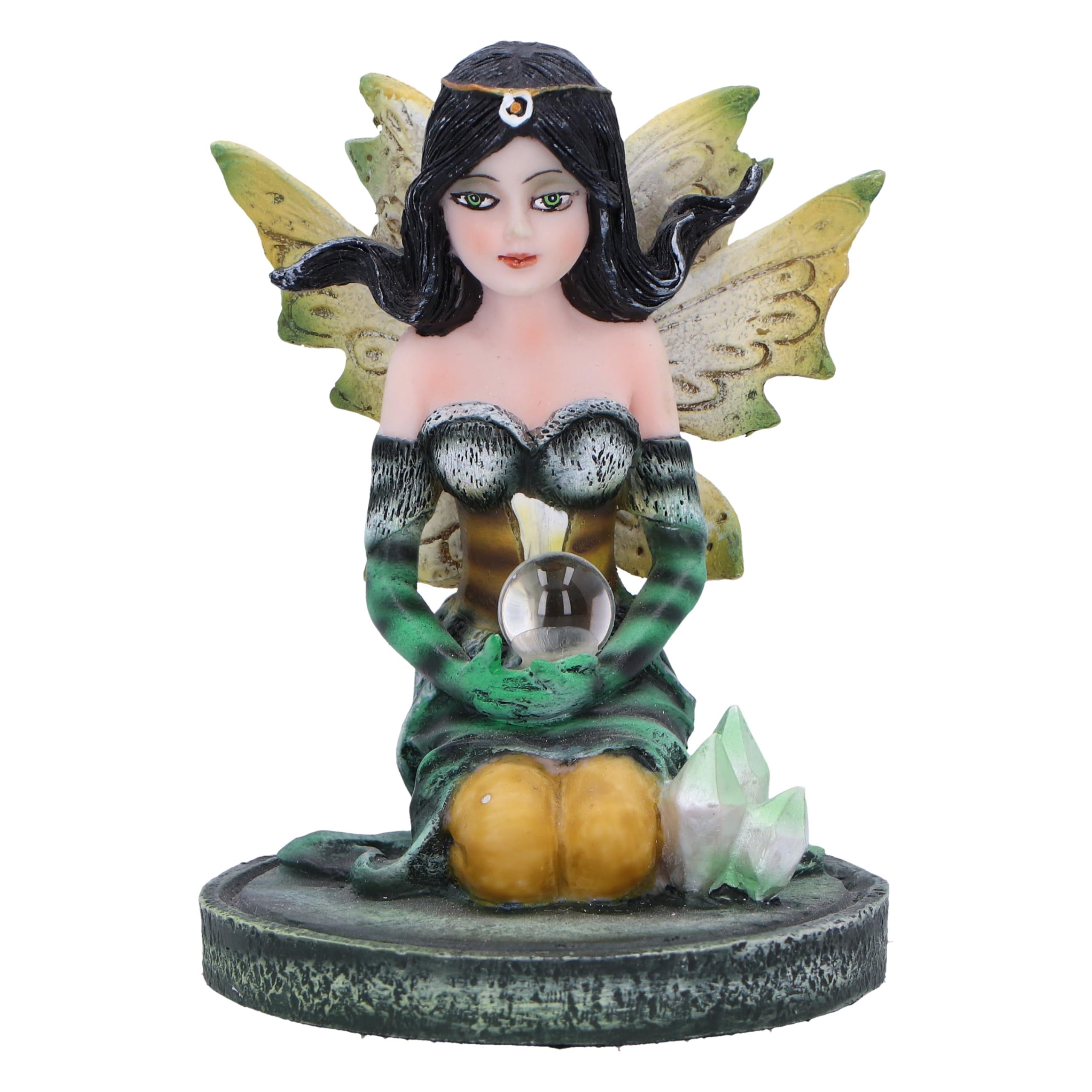 Nemesis Now Crystal Fairy Jade Figurine 9cm, Resin, Green, Fairy in Nature Figurine Featuring Crystals, Kneeling Fairy Holding Glass Ball, Fantasy Gift, Cast in the Finest Resin, Expertly Hand-Painted