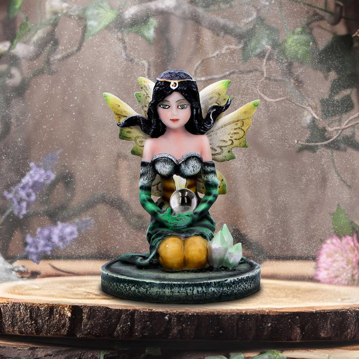 Nemesis Now Crystal Fairy Jade Figurine 9cm, Resin, Green, Fairy in Nature Figurine Featuring Crystals, Kneeling Fairy Holding Glass Ball, Fantasy Gift, Cast in the Finest Resin, Expertly Hand-Painted