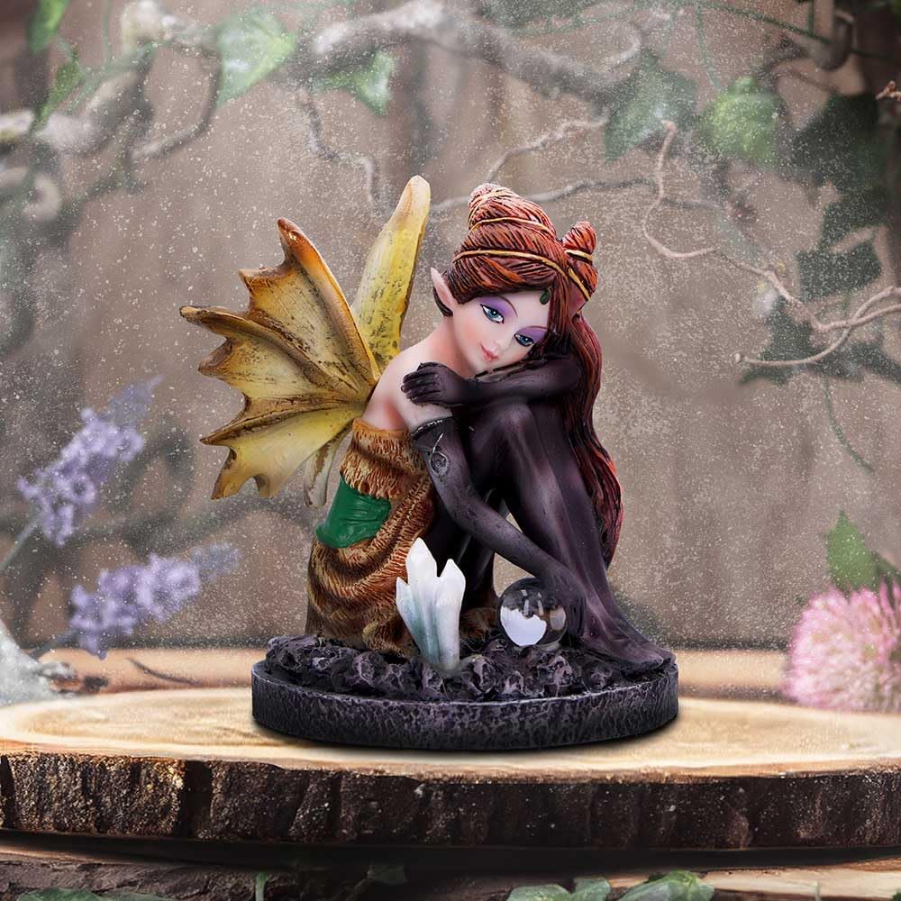 Nemesis Now Crystal Fairy Amber Figurine 8.2cm, Resin, Amber Autumn Fairy Figurine Featuring Crystals, Sitting Fairy Holding Glass Ball, Fantasy Gift, Cast in the Finest Resin, Expertly Hand-Painted