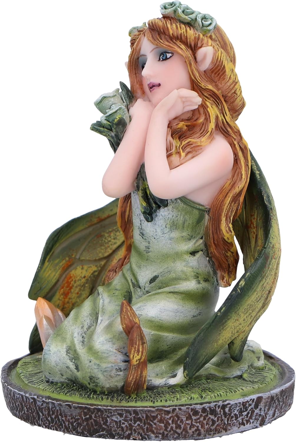Nemesis Now Crystal Fairy Clover Figurine 9cm, Resin, Green, Nature Fairy Figurine Featuring Crystals, Kneeling Fairy with Leaves For Wings, Fairy Gift, Cast in the Finest Resin, Expertly Hand-Painted