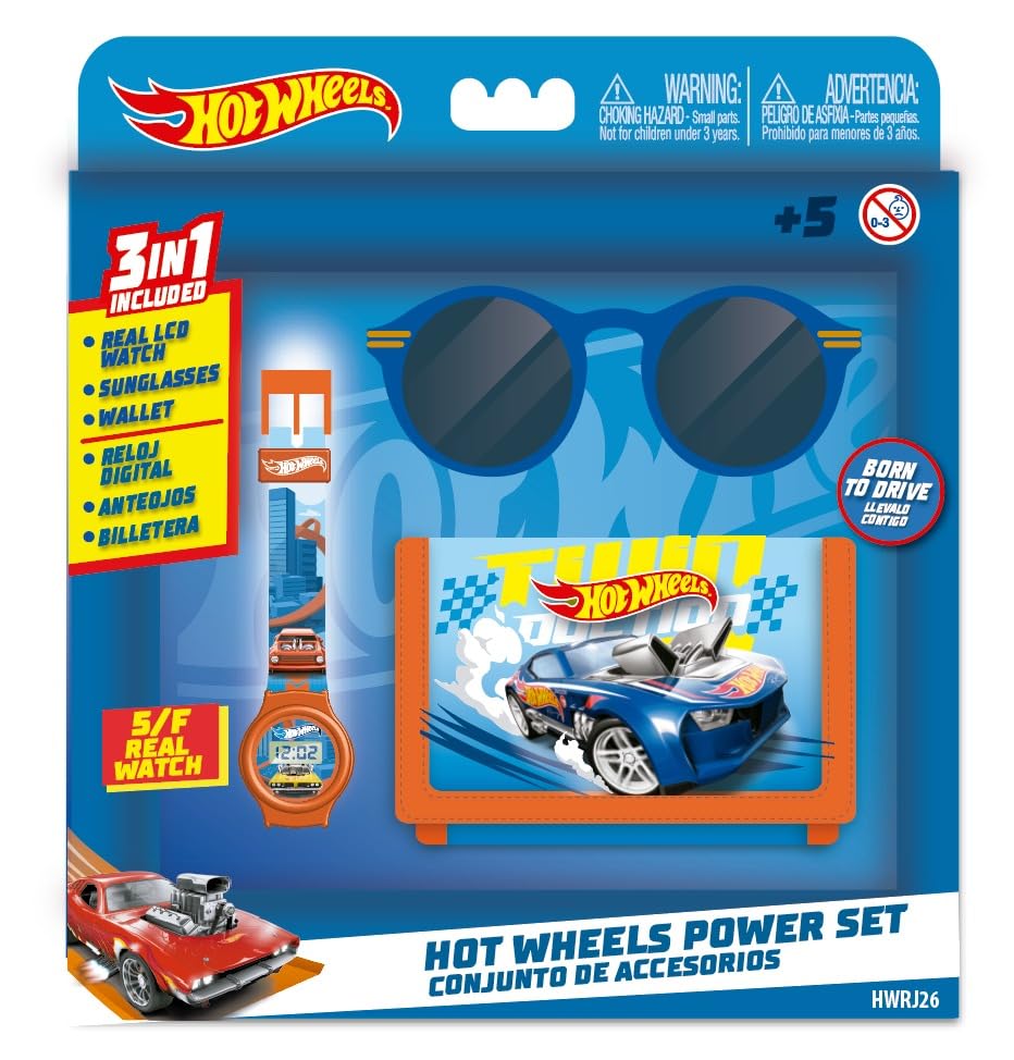 Hot Wheels Adventure Gear Toy Gift Set: LCD Watch, Sunglasses, and Wallet - Race into Style with Action-Packed Accessories!