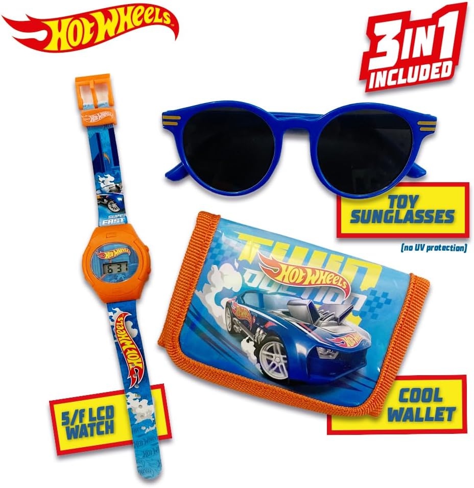 Hot Wheels Adventure Gear Toy Gift Set: LCD Watch, Sunglasses, and Wallet - Race into Style with Action-Packed Accessories!