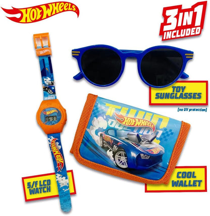 Hot Wheels Adventure Gear Toy Gift Set: LCD Watch, Sunglasses, and Wallet - Race into Style with Action-Packed Accessories!