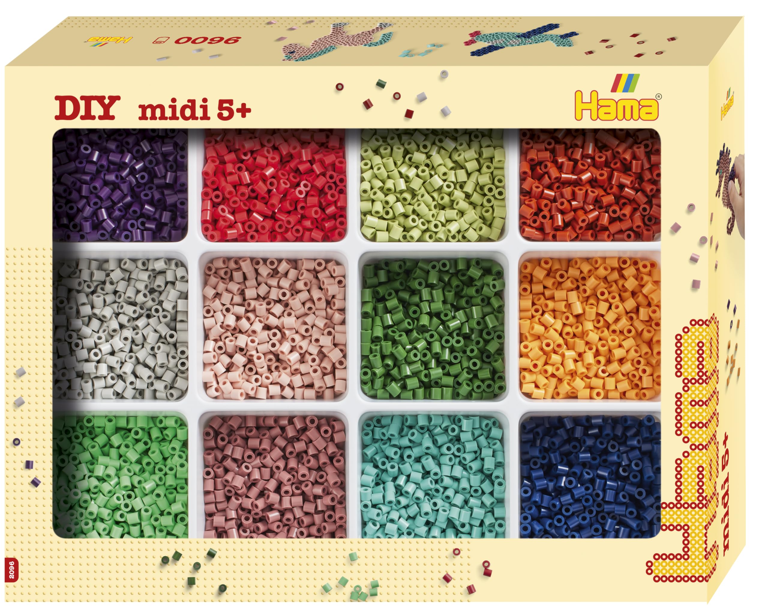 Hama Beads and Storage | Approx.9.600 Beads distributed on 12 Different Colours and 1 Storage Tray with lid