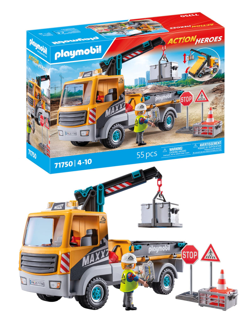 PLAYMOBIL | Action Heroes | Bouwtruck met kraan | Speelgoed voor kinderen | Bouwset | Speelgoed voor kinderen vanaf 4 jaar | 71750
