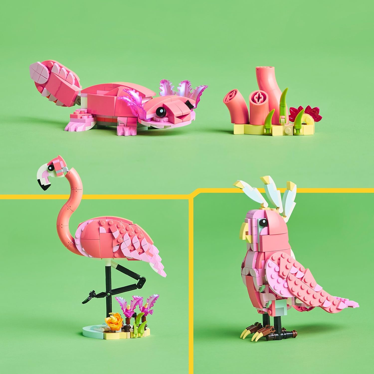LEGO Creator 3in1 Wilde dieren: roze flamingo Speelgoed voor 8 jaar en Ouder, Verandert in Kaketoe en Axolotl, Creatief Bouwpakket voor Kinderen, Paascadeau voor Jongens en Meisjes 31170