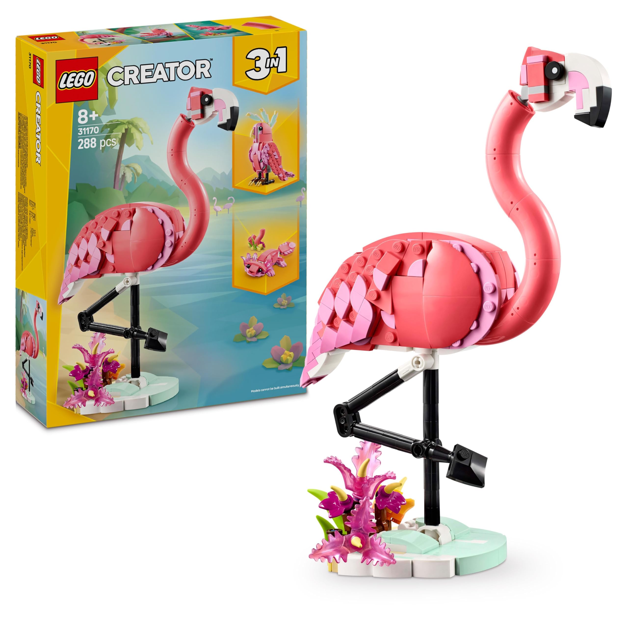LEGO Creator 3in1 Wilde dieren: roze flamingo Speelgoed voor 8 jaar en Ouder, Verandert in Kaketoe en Axolotl, Creatief Bouwpakket voor Kinderen, Paascadeau voor Jongens en Meisjes 31170