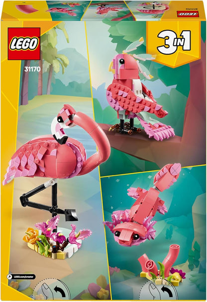 LEGO Creator 3in1 Wilde dieren: roze flamingo Speelgoed voor 8 jaar en Ouder, Verandert in Kaketoe en Axolotl, Creatief Bouwpakket voor Kinderen, Paascadeau voor Jongens en Meisjes 31170