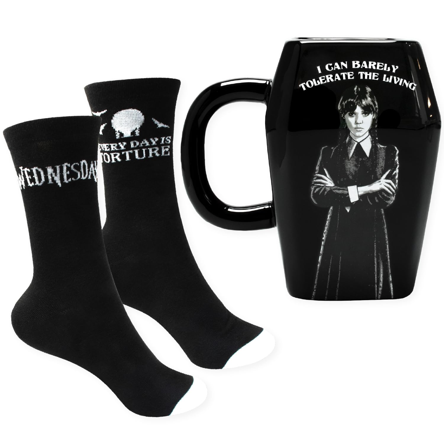 Blue Sky Studios Wednesday Coffin Coffee Mug & Sock Set, Sock Pair Size 4-7, Officially Licensed Wednesday Gift Pack & Merchandise