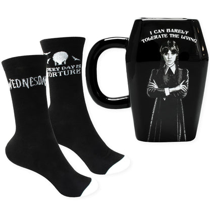 Blue Sky Studios Wednesday Coffin Coffee Mug & Sock Set, Sock Pair Size 4-7, Officially Licensed Wednesday Gift Pack & Merchandise