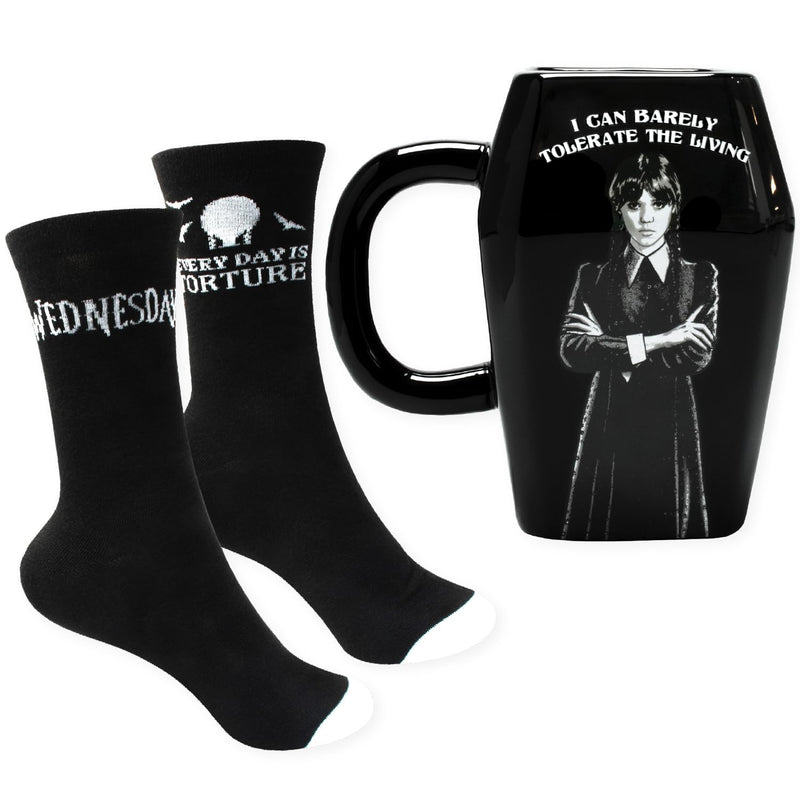 Blue Sky Studios Wednesday Coffin Coffee Mug & Sock Set, Sock Pair Size 4-7, Officially Licensed Wednesday Gift Pack & Merchandise