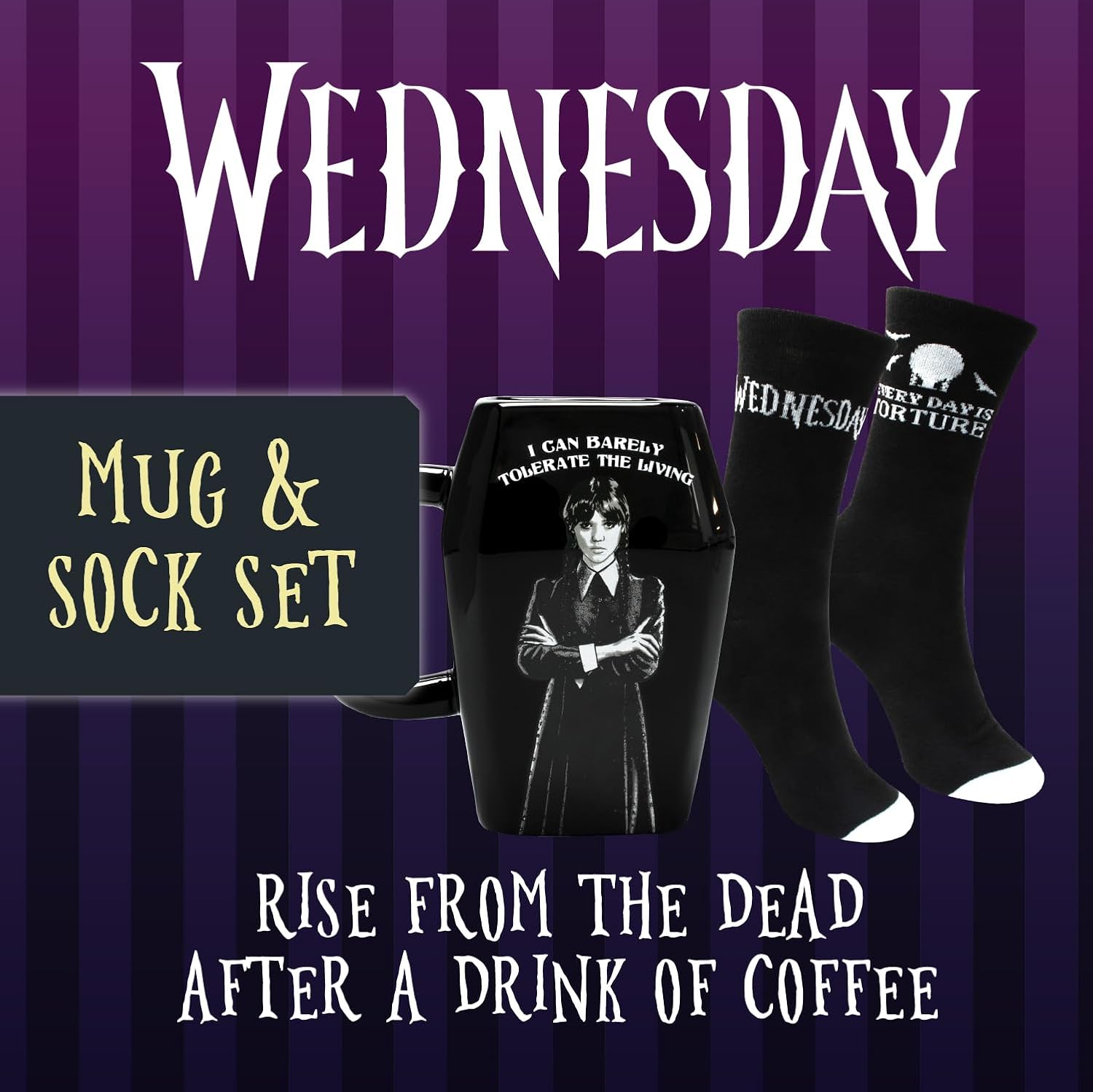 Blue Sky Studios Wednesday Coffin Coffee Mug & Sock Set, Sock Pair Size 4-7, Officially Licensed Wednesday Gift Pack & Merchandise