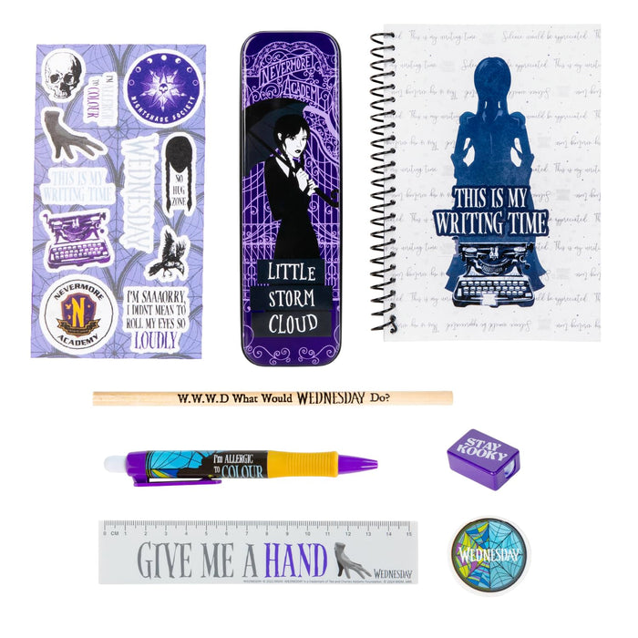 Blue Sky Studios Wednesday Stationery Pack, Licensed Writing Supplies Merchandise Gift, Notebook, Colour Pencils, Pen, Pencil Dose, Pencil Sharpener, Eraser, mehrfarbig, Wednesday Schreibwaren-Set –