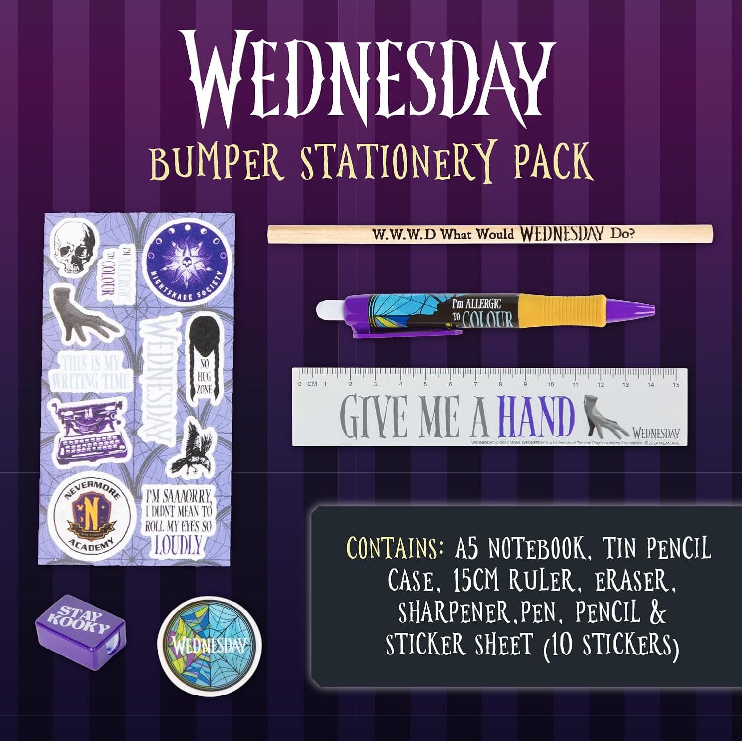 Blue Sky Studios Wednesday Stationery Pack, Licensed Writing Supplies Merchandise Gift, Notebook, Colour Pencils, Pen, Pencil Dose, Pencil Sharpener, Eraser, mehrfarbig, Wednesday Schreibwaren-Set –