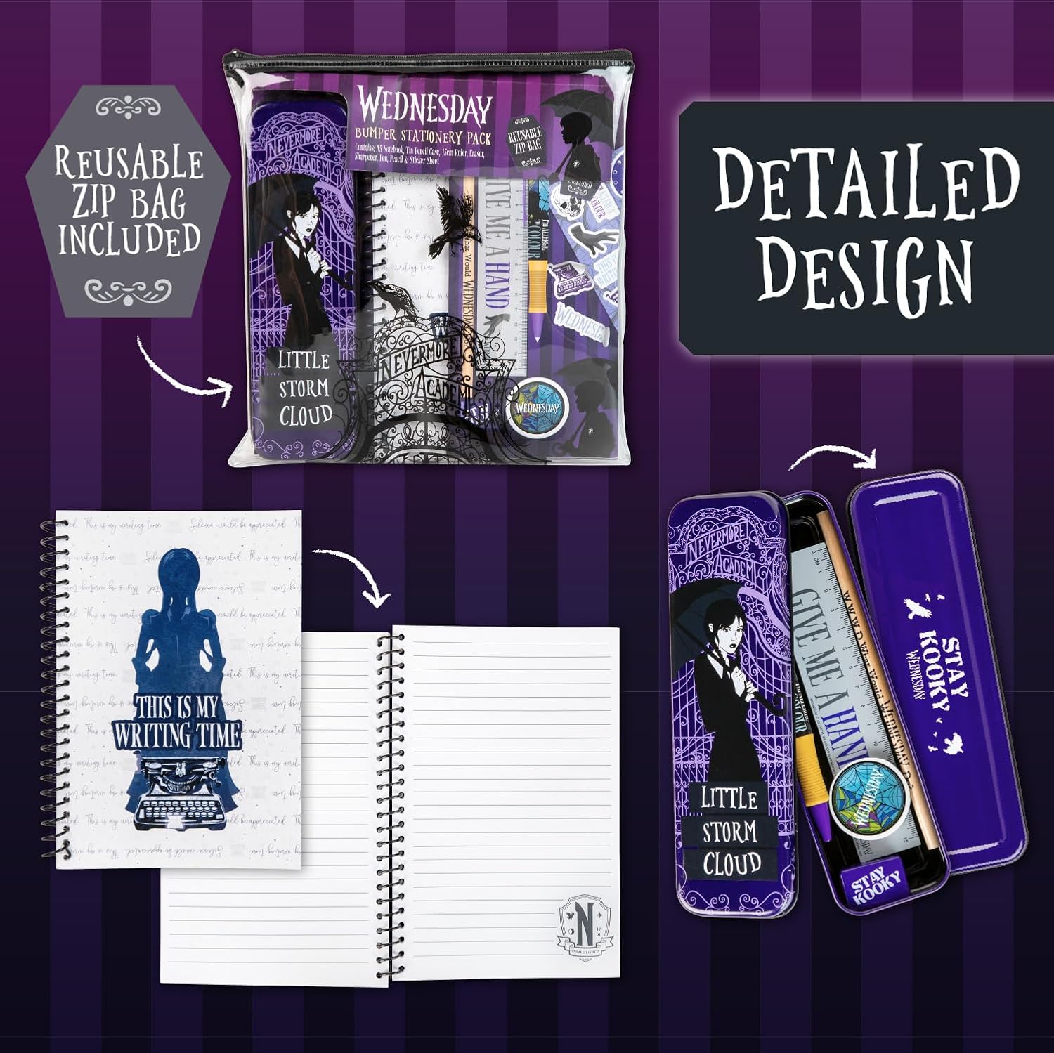 Blue Sky Studios Wednesday Stationery Pack, Licensed Writing Supplies Merchandise Gift, Notebook, Colour Pencils, Pen, Pencil Dose, Pencil Sharpener, Eraser, mehrfarbig, Wednesday Schreibwaren-Set –