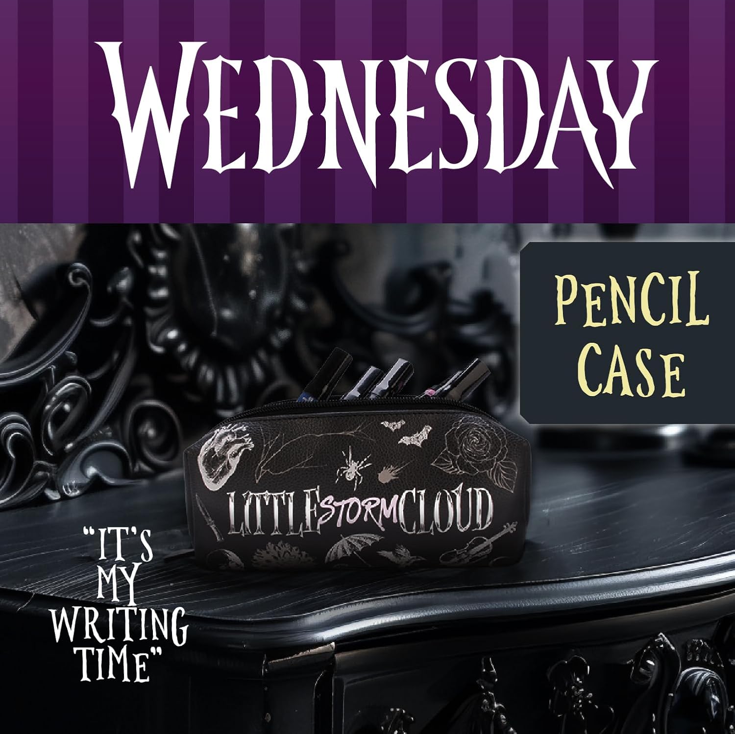 Blue Sky Studios Wednesday Pencil Pouch Wednesday Gifts Small Travel Bag for Carrying Stationery Pens School Supplies Makeup Storm Cloud Merch Merch