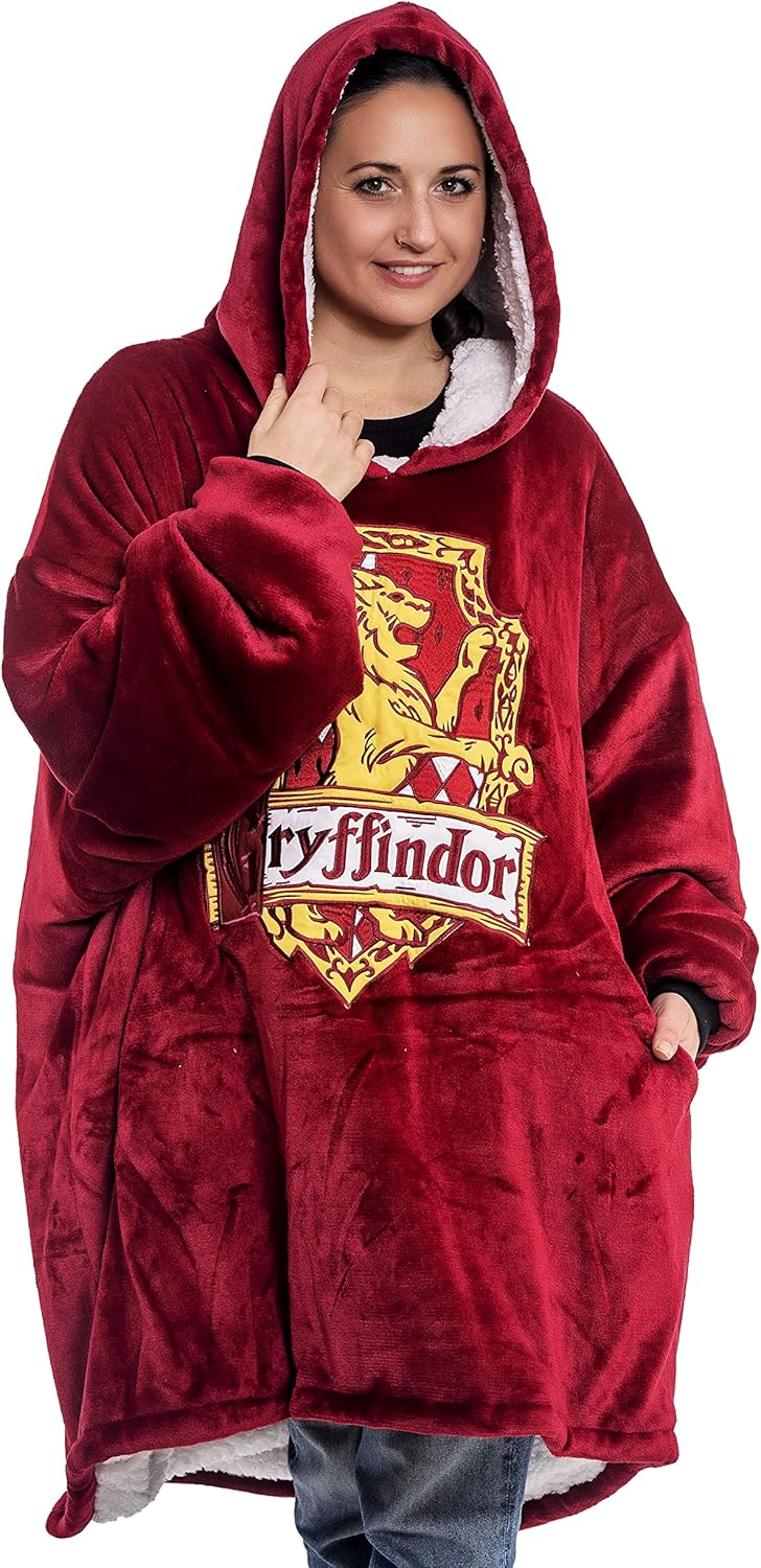 Harry Potter: Gryffindor Oversized Blanket Hoodie – Comfortable, soft, warm, plush hooded wearable blanket for men and women with Sherpa fleece lining and pockets