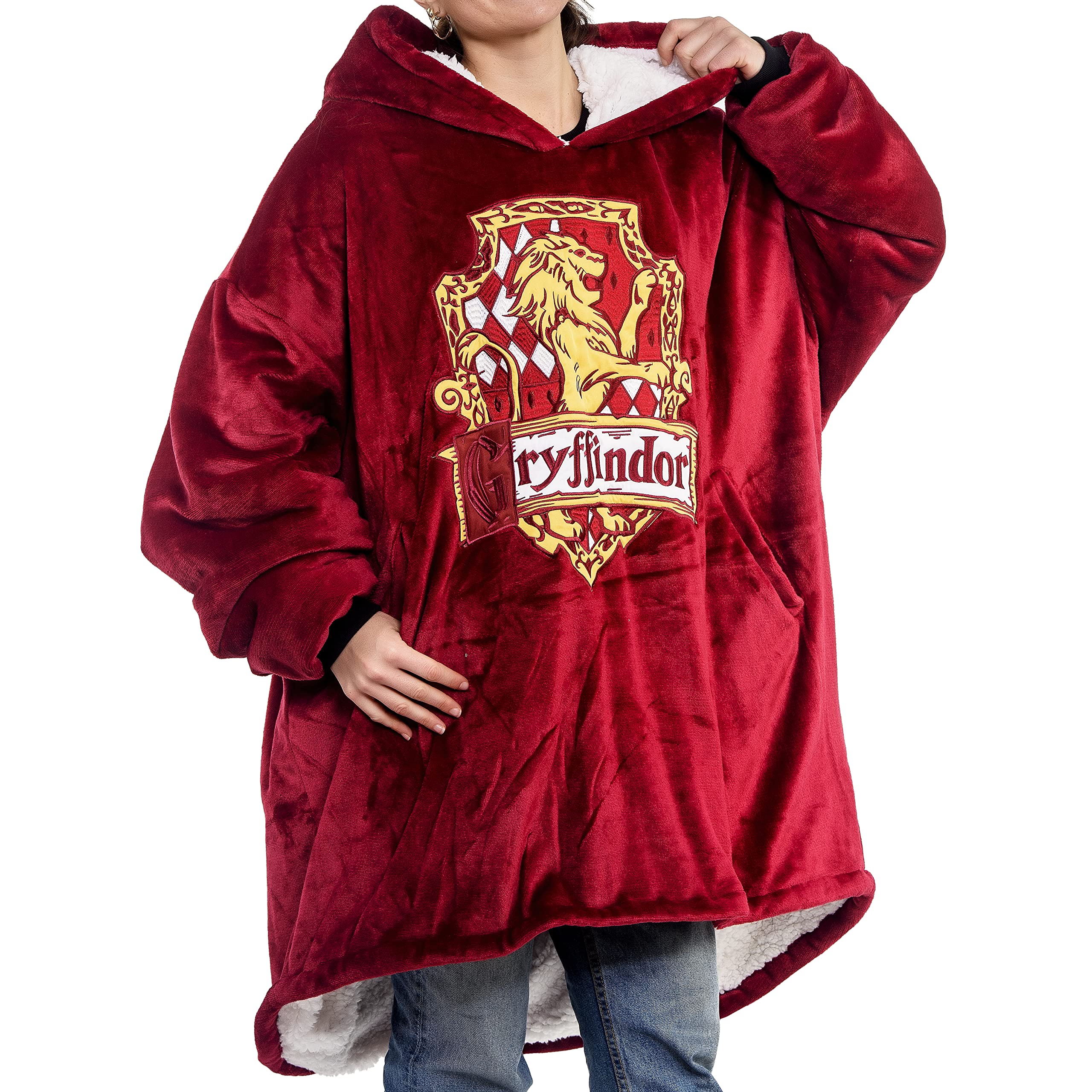 Harry Potter: Gryffindor Oversized Blanket Hoodie – Comfortable, soft, warm, plush hooded wearable blanket for men and women with Sherpa fleece lining and pockets