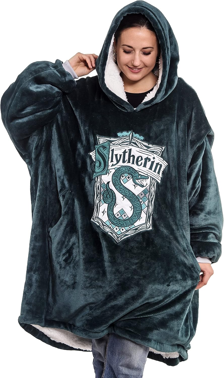 Harry Potter: Slytherin Oversized Blanket Hoodie – Comfortable, soft, warm, plush hooded wearable blanket for men and women with Sherpa fleece lining and pockets