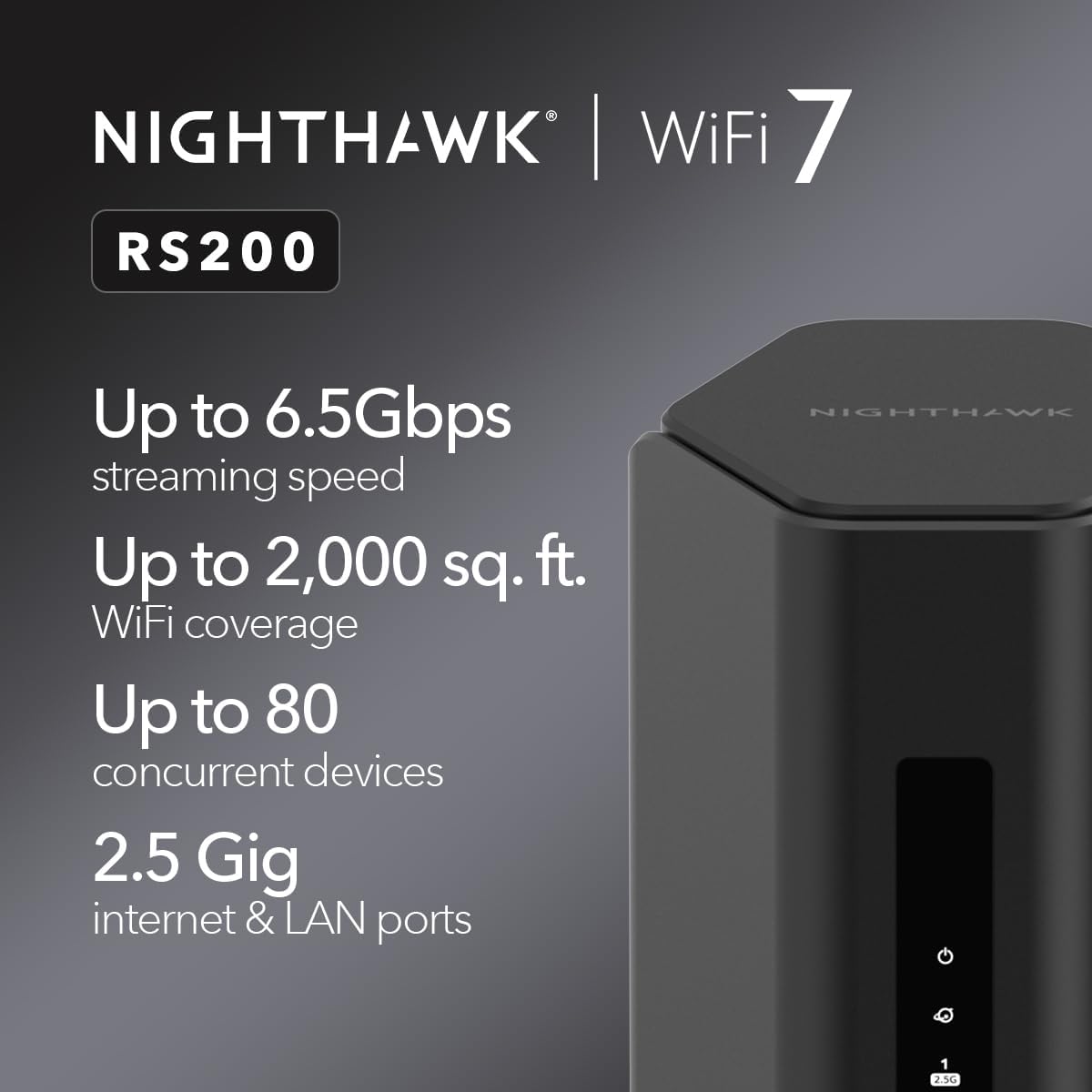 NETGEAR Nighthawk Dual-Band WiFi 7 Router (RS200) – Características de Seguridad, BE6500 Velocidad Inalámbrica (hasta 6,5Gbps) - Cubre hasta 185 m2, 80 Dispositivos – Puerto de Internet de 2,5 Gig
