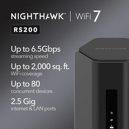 NETGEAR Nighthawk Dual-Band WiFi 7 Router (RS200) – Características de Seguridad, BE6500 Velocidad Inalámbrica (hasta 6,5Gbps) - Cubre hasta 185 m2, 80 Dispositivos – Puerto de Internet de 2,5 Gig