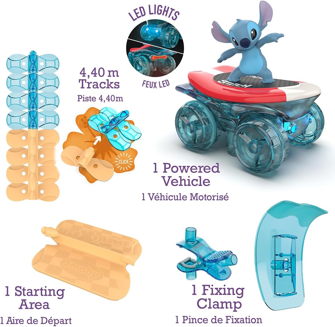 Smoby - Stitch FleXtreme - 4 meter 40 autocircuit - 184 flexibele en modulaire sporen + 1 voertuig Stitch lichteffecten - batterijen inbegrepen - 7600180927
