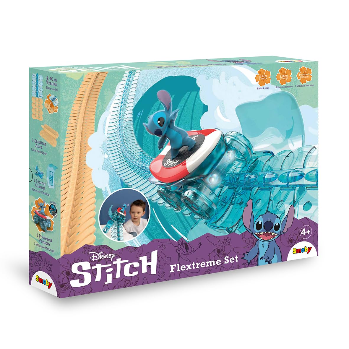 Smoby - Stitch FleXtreme - 4 meter 40 autocircuit - 184 flexibele en modulaire sporen + 1 voertuig Stitch lichteffecten - batterijen inbegrepen - 7600180927