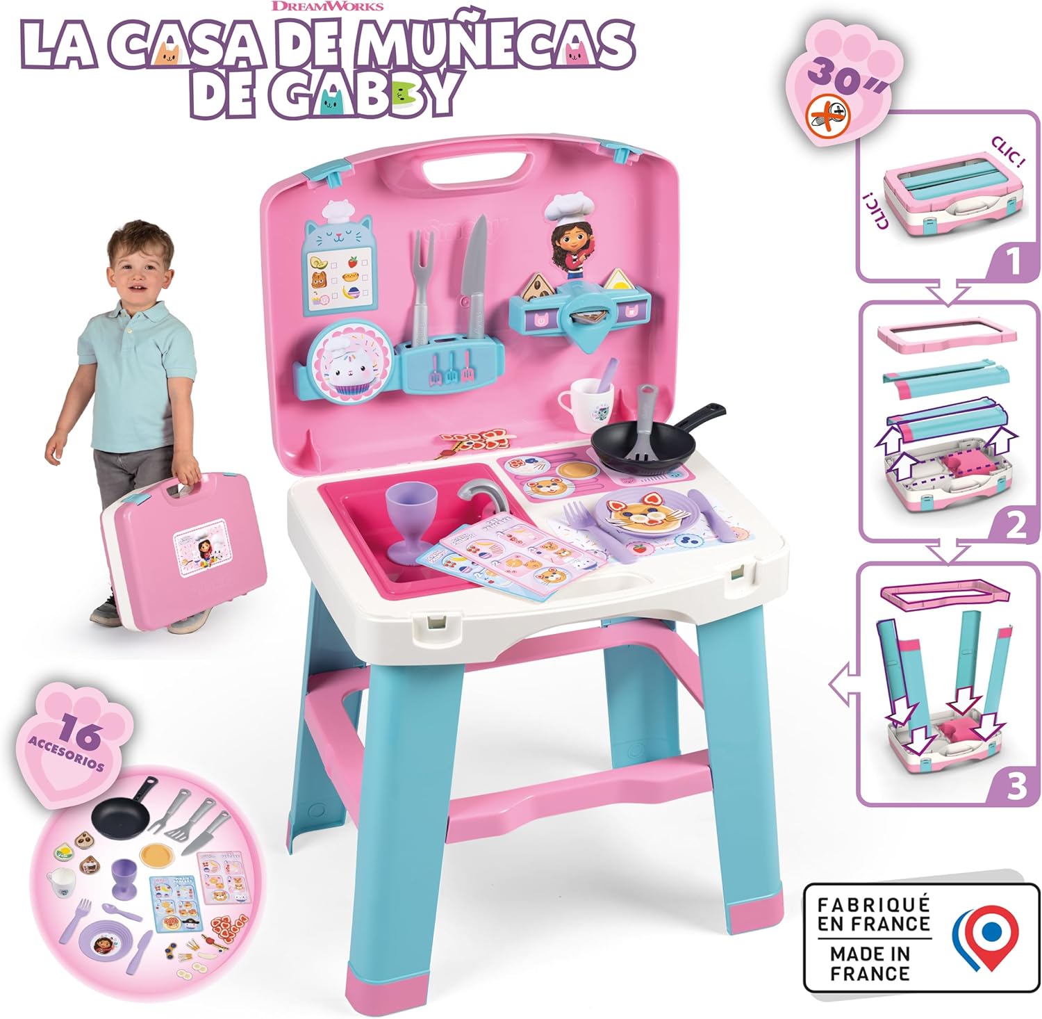 Smoby - Het poppenhuis van Gabby – draagbare keuken met transportkoffer en accessoires voor kinderen vanaf 3 jaar (7600311908