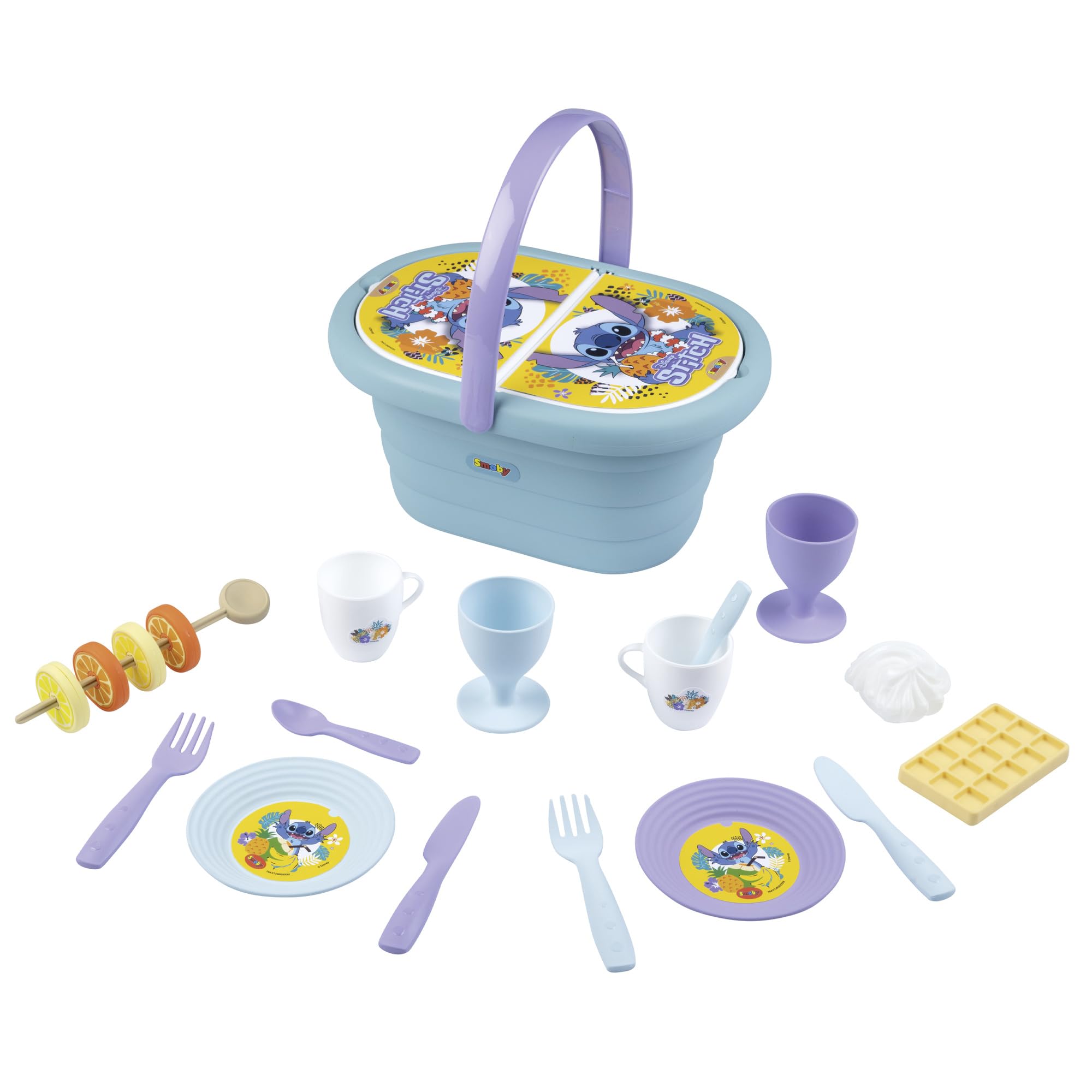 Smoby Cesta de Picnic Stitch - 19 Accesorios incluidos, con Tapa de 2 Partes, asa ergonómica, óptimo para niños a Partir de 3 años (7600312510
