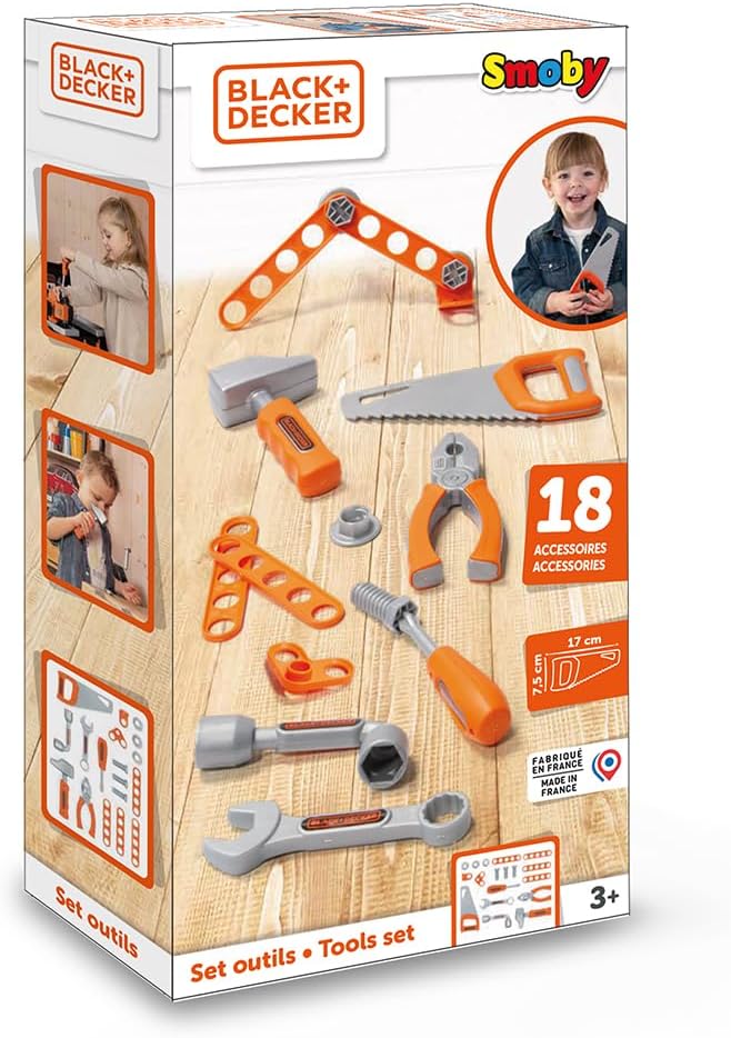 Smoby - Black+Decker - Set 6 strumenti fai da te per bambini + 12 accessori - dai 3 anni - 360934