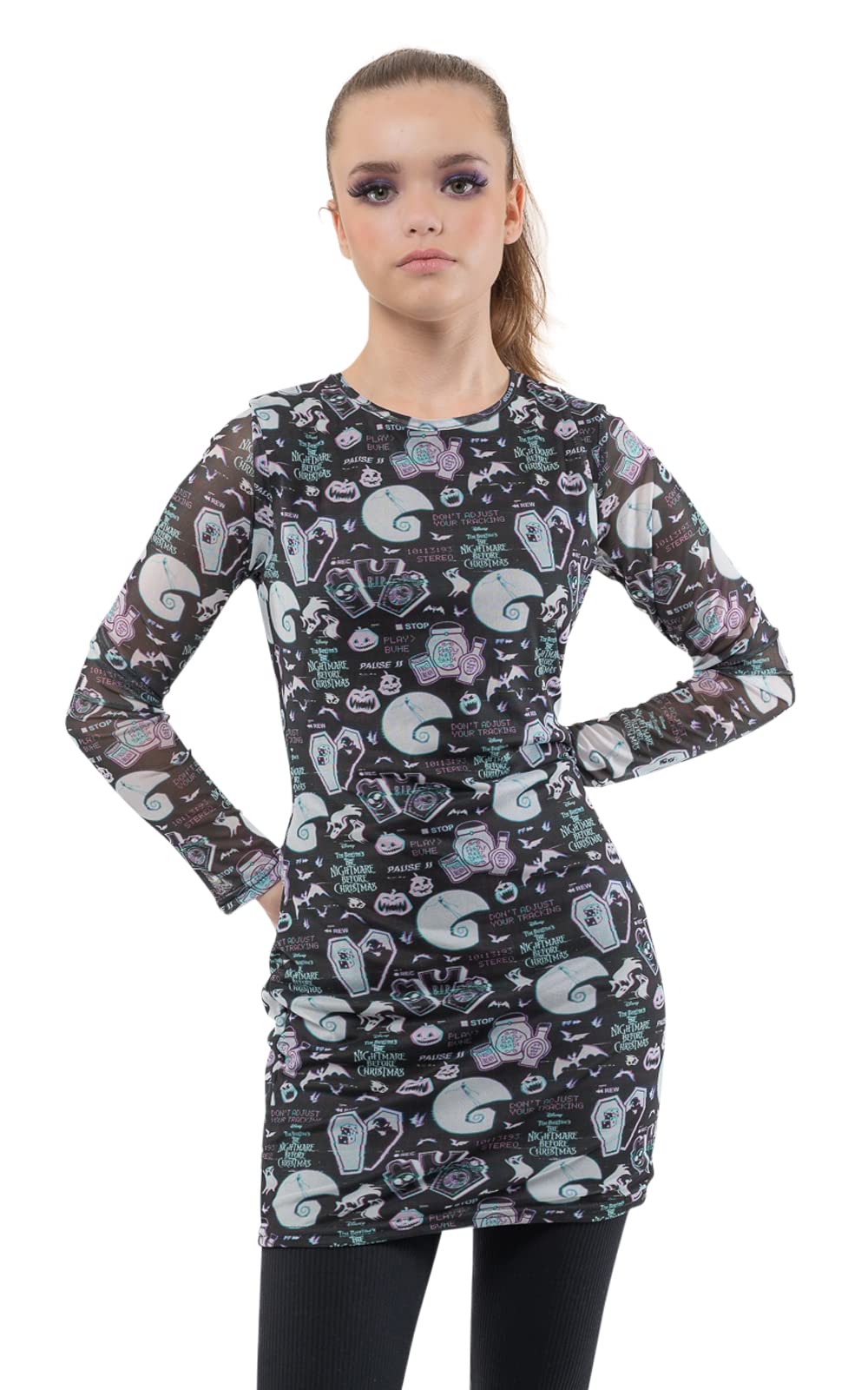 Nightmare Before Christmas - Glitch All Over Print (Womens Bodycon Mesh Dress