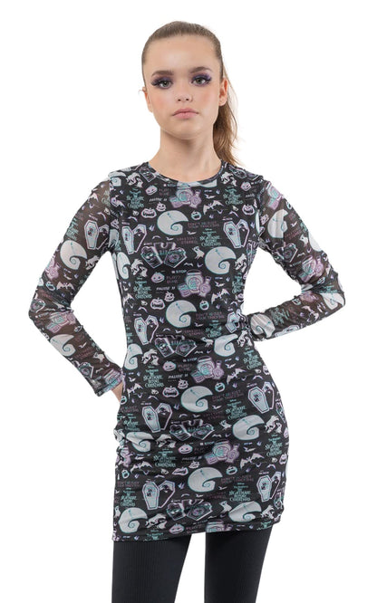 Nightmare Before Christmas - Glitch All Over Print (Womens Bodycon Mesh Dress