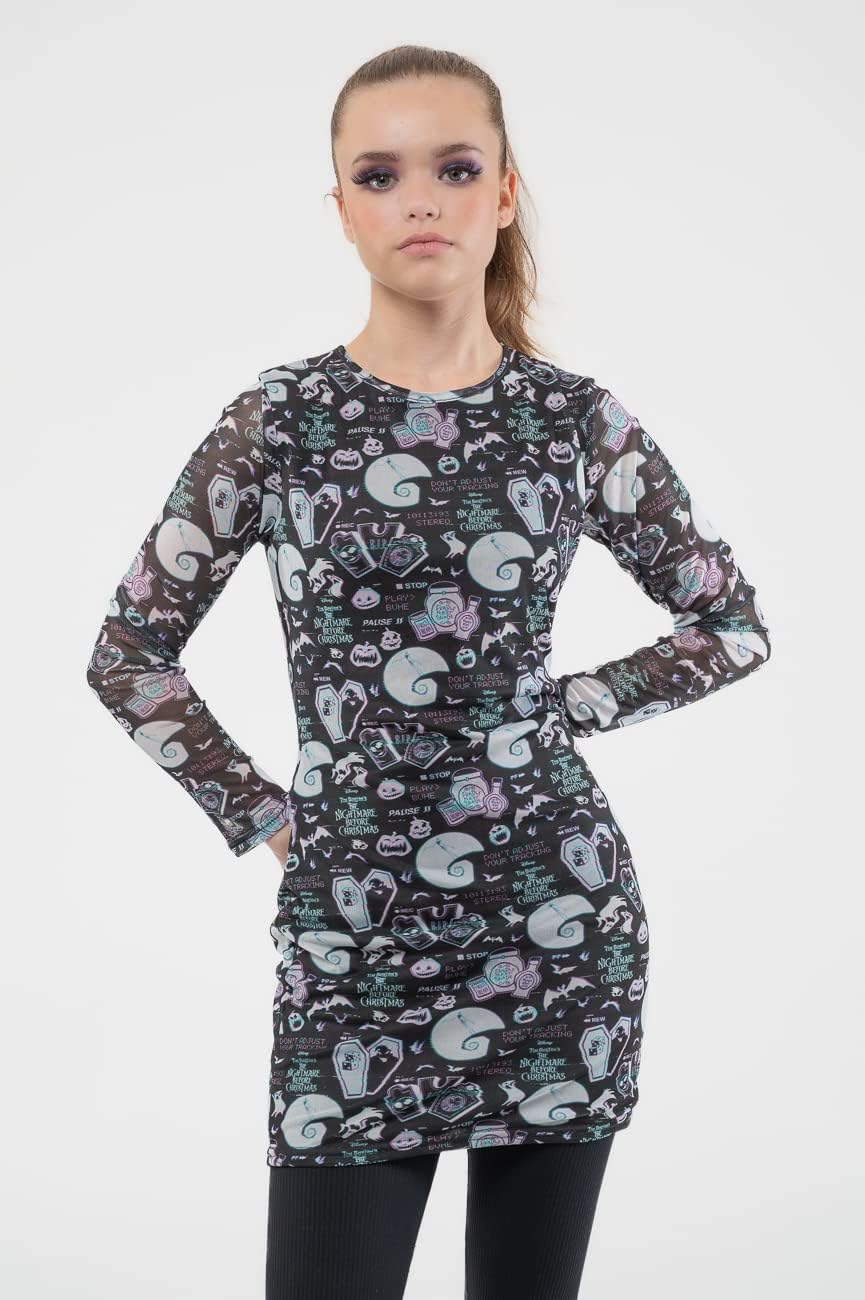 Nightmare Before Christmas - Glitch All Over Print (Womens Bodycon Mesh Dress