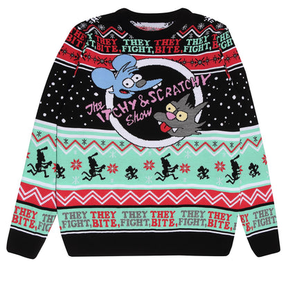 Officially Licensed The Simpsons Christmas Knitted Jumper – Unisex Adults Sweater Featuring Itchy and Scrtachy – Premium Quality Xmas Pullover