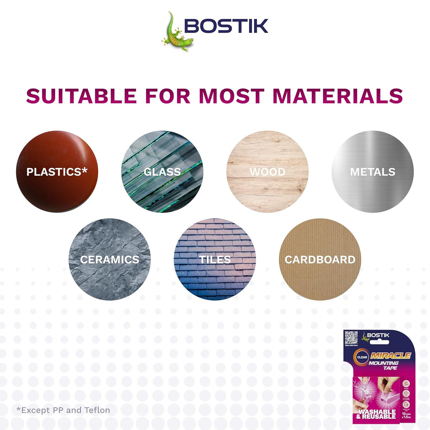 Bostik | Miracle Mounting Tape | Clear | Ultra Strong, Double-Sided Mounting Tape | Washable & Reusable | Supports 1kg per 20cm | 19mm x 1.5m Roll