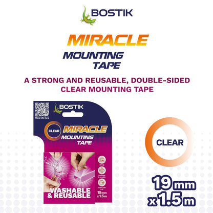 Bostik | Miracle Mounting Tape | Clear | Ultra Strong, Double-Sided Mounting Tape | Washable & Reusable | Supports 1kg per 20cm | 19mm x 1.5m Roll