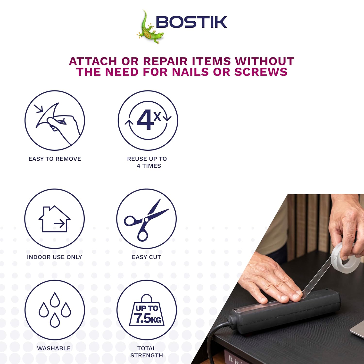 Bostik | Miracle Mounting Tape | Clear | Ultra Strong, Double-Sided Mounting Tape | Washable & Reusable | Supports 1kg per 20cm | 19mm x 1.5m Roll