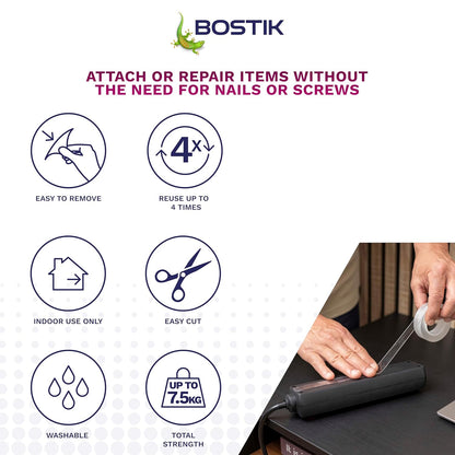 Bostik | Miracle Mounting Tape | Clear | Ultra Strong, Double-Sided Mounting Tape | Washable & Reusable | Supports 1kg per 20cm | 19mm x 1.5m Roll