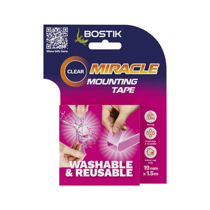 Bostik | Miracle Mounting Tape | Clear | Ultra Strong, Double-Sided Mounting Tape | Washable & Reusable | Supports 1kg per 20cm | 19mm x 1.5m Roll