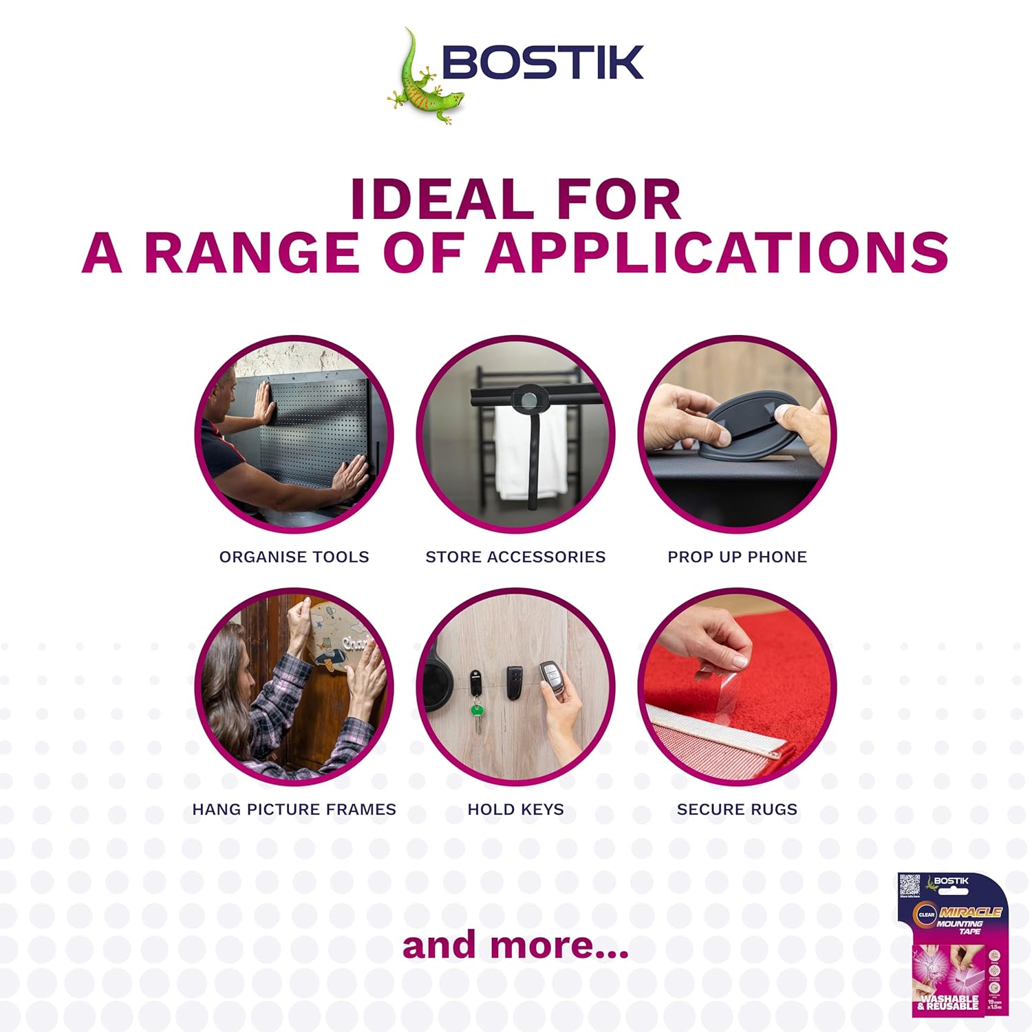 Bostik | Miracle Mounting Tape | Clear | Ultra Strong, Double-Sided Mounting Tape | Washable & Reusable | Supports 1kg per 20cm | 19mm x 1.5m Roll