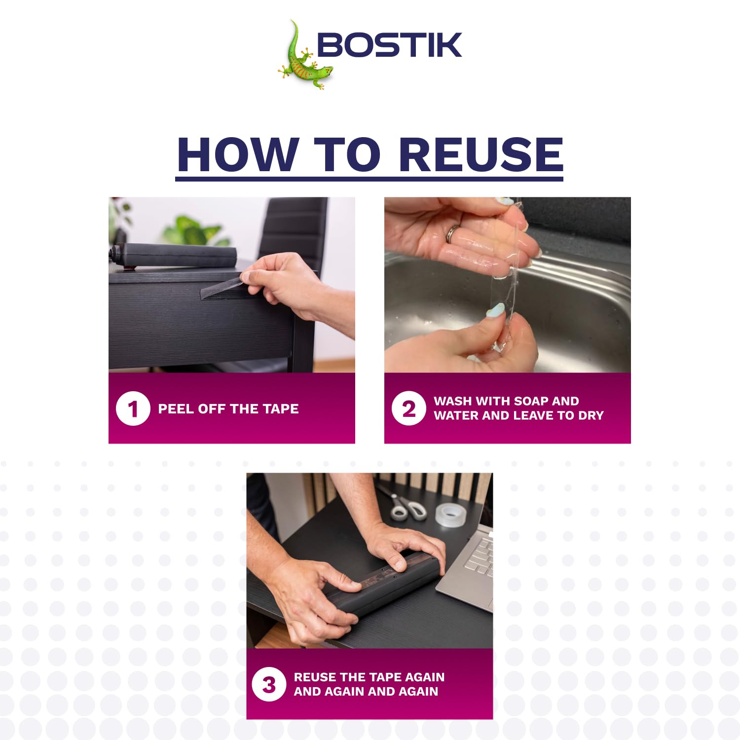 Bostik | Miracle Mounting Tape | Clear | Ultra Strong, Double-Sided Mounting Tape | Washable & Reusable | Supports 1kg per 20cm | 19mm x 1.5m Roll