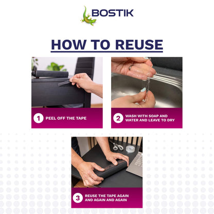 Bostik | Miracle Mounting Tape | Clear | Ultra Strong, Double-Sided Mounting Tape | Washable & Reusable | Supports 1kg per 20cm | 19mm x 1.5m Roll