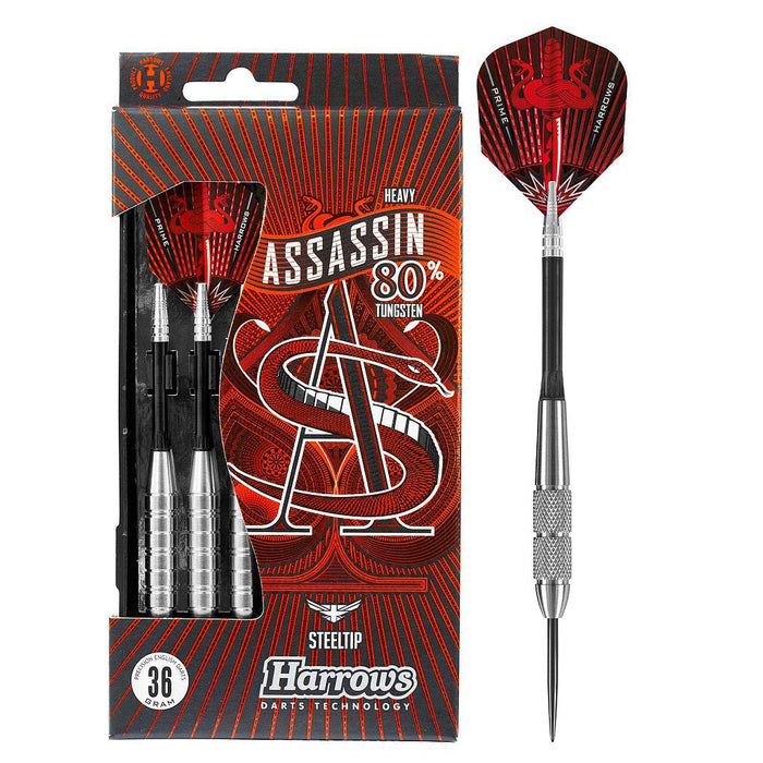 Harrows Assassin Tungsten Pro Darts | Steel Darts Set with Carry Case | 34g, All Weights | Includes Alamo Shafts, 100-Micron Prime Flights, and Travel Case (34g