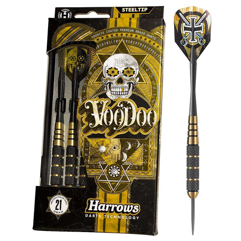 Harrows Voodoo Brass Steel Tip Darts Set 19g, 21g, 23g, 25g & 27g - Includes Speedline shafts, Marathon Gold Flights & Travel Case